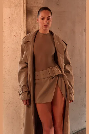 PRETTYLITTLETHING PLT Label Taupe Mesh Long Sleeve Bodysuit