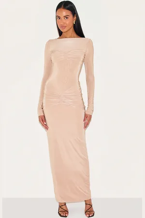 PRETTYLITTLETHING Beige Sinky Ruched Panel Detail Maxi Dress