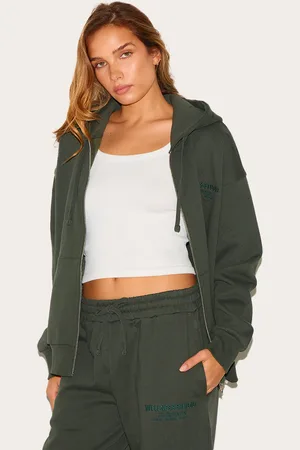 PRETTYLITTLETHING Khaki Wellness Premium Embroidered Zip Front Oversized Hoodie
