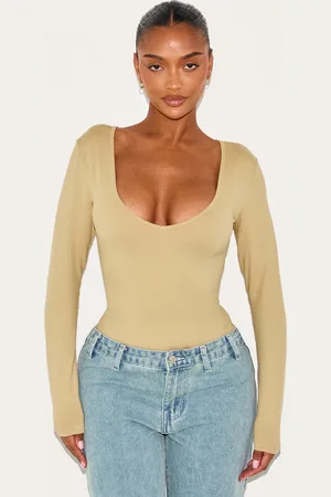 PRETTYLITTLETHING Shape Stone Sculpted V Neck Long Sleeve Bodysuit