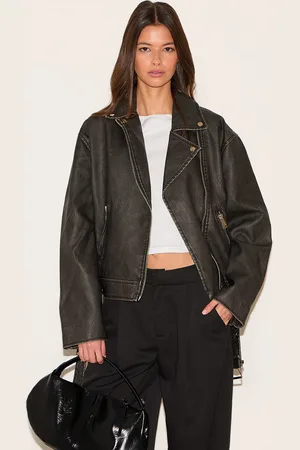 PRETTYLITTLETHING Vintage Faux Leather Oversized Zip Up Biker Jacket