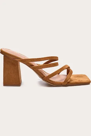 PRETTYLITTLETHING Tan Faux Suede Square Toe Strappy Block Heel Mules