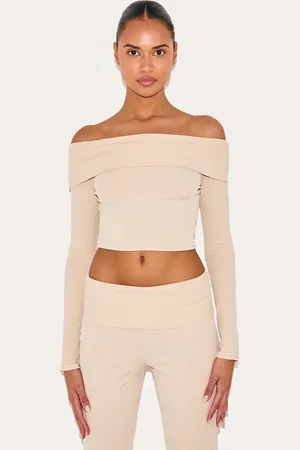 PRETTYLITTLETHING Beige Rib Bardot Foldover Flute Sleeve Longline Top