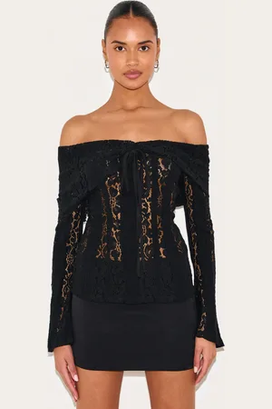 PRETTYLITTLETHING Fitted Lace Flared Sleeve Bardot Top