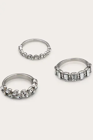 PRETTYLITTLETHING Silver Diamante Baguette 3 Pack Ring Set