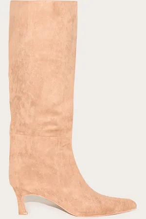 PRETTYLITTLETHING Taupe Faux Suede Point Toe Mid Heeled Knee High Boots