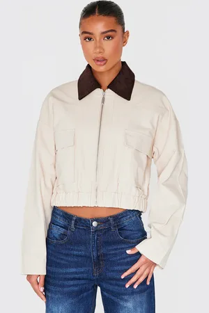PRETTYLITTLETHING Beige Contrast Collar Twill Jacket