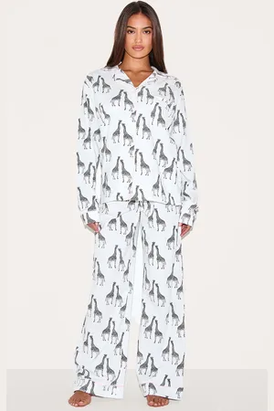 PRETTYLITTLETHING Giraffe Print Jersey Piping Detail Long Pj Set