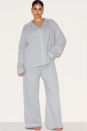 PRETTYLITTLETHING Plus Jersey Piping Detail Long Pj Set