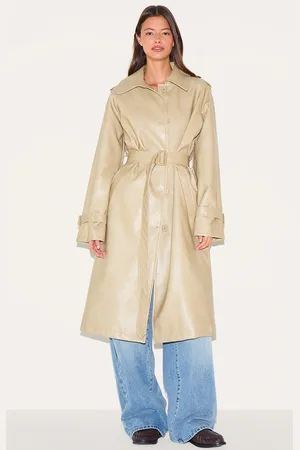 PRETTYLITTLETHING Cream Mid Length Faux Leather Trench Coat