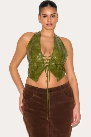 PRETTYLITTLETHING Plus Olive Washed Faux Leather Lace Up Plunge Halterneck Top