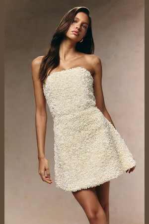 PRETTYLITTLETHING Cream Floral Textured Bandeau Mini Dress