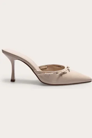 PRETTYLITTLETHING Cream Pu Point Toe Bow Mid Stiletto Heeled Court Mules