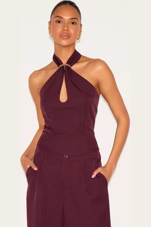 PRETTYLITTLETHING Wine Trim Detail Halterneck Tailored Top