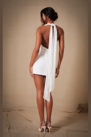 PRETTYLITTLETHING Premium Woven Tie Halter Neck Dress