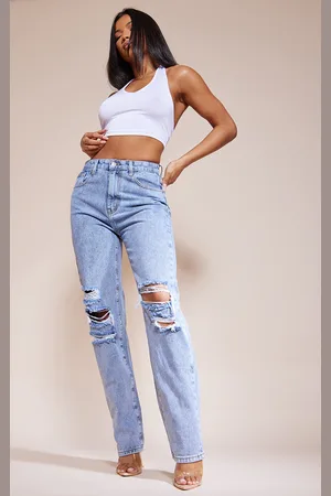 PRETTYLITTLETHING Mid Blue Ripped Straight Leg Jeans