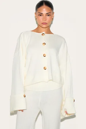 PRETTYLITTLETHING Petite Cream Knitted Turn Up Hem Detail Cardigan