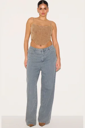 PRETTYLITTLETHING Plus Pinstripe Denim Boyfriend Straight Leg Jeans