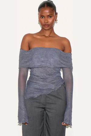 PRETTYLITTLETHING Charcoal Crinkle Mesh Fold Over Detail Bardot Long Sleeve Top