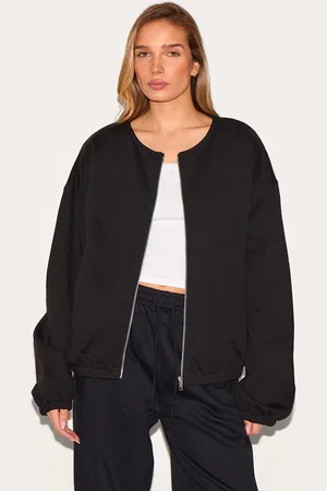 PRETTYLITTLETHING Premium Oversized Boxy Collarless Zip Sweat Top