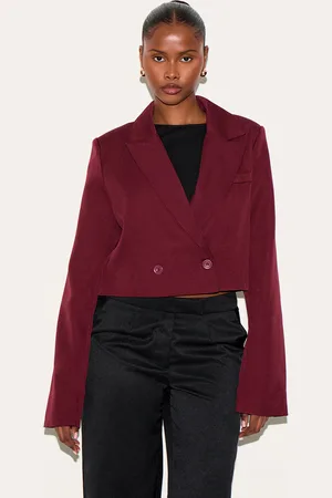 PRETTYLITTLETHING Burgundy Woven Cropped Shoulder Padded Blazer