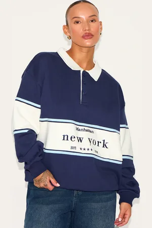 PRETTYLITTLETHING Plus Navy Premium Contrast Collar New York Embroidered Sweatshirt