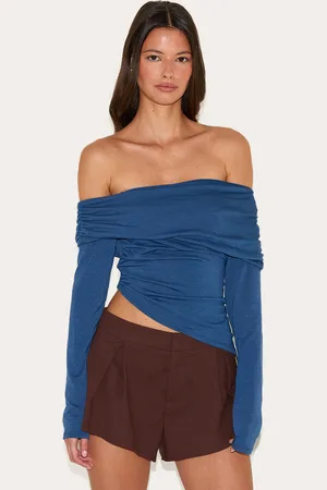 PRETTYLITTLETHING Petrol Blue Contour Jersey Fold Over Detail Bardot Long Sleeve Top