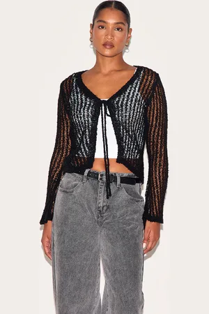 PRETTYLITTLETHING Ladder Knit Sheer Cropped Tie Front Top