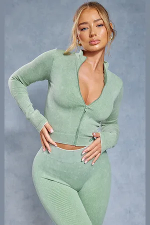 PRETTYLITTLETHING Khaki Acid Wash Seamless Rib Zip Up Cropped Sports Jacket