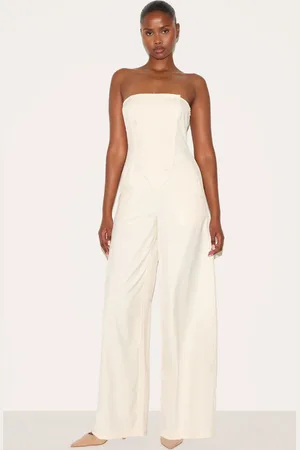 PRETTYLITTLETHING Cream Tailored Woven Button Up Wide Leg Bandeau Jumpsuit