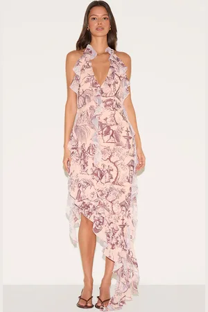 PRETTYLITTLETHING Stone Chiffon Print Frill Detail Plunge Midaxi Dress