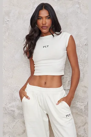 PRETTYLITTLETHING Cream Contrast Fitted Embroidery Cap Sleeve T Shirt