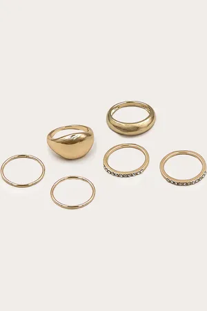 PRETTYLITTLETHING Gold Simple Curved Diamante 6 Ring Pack