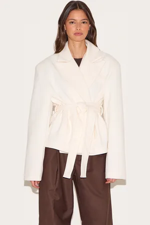 PRETTYLITTLETHING Cream Tie Waist Wool Look Single Breasted Tie Up Blazer