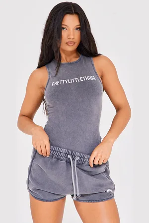 PRETTYLITTLETHING Charcoal Wash Racer Bodysuit