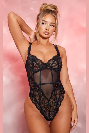 PRETTYLITTLETHING Mesh Frill Detail Panelling Lace Bodysuit