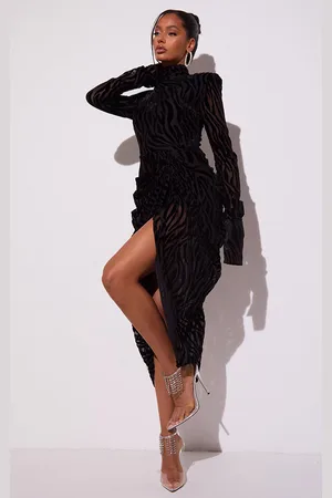 PRETTYLITTLETHING Zebra Print Devore High Neck Draped Midi Dress