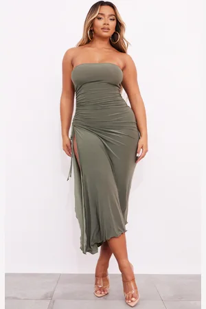 PRETTYLITTLETHING Shape Olive Slinky Bandeau Ruched Side Hem Midaxi Dress