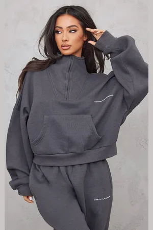 PRETTYLITTLETHING Petite Charcoal Oversized Half Zip Sweat