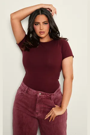 PRETTYLITTLETHING Plus Burgundy Premium Cotton Cap Sleeve Fitted Bodysuit