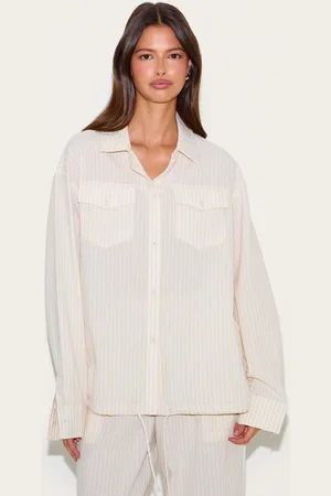 PRETTYLITTLETHING Stone Striped Linen Pocket Detail Oversized Shirt