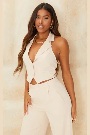 PRETTYLITTLETHING Stone Woven Halterneck Waistcoat