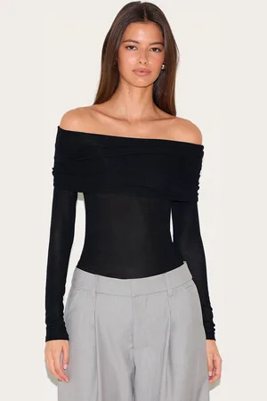 PRETTYLITTLETHING Sheer Soft Touch Fold Over Detail Bardot Long Sleeve Top