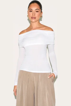 PRETTYLITTLETHING Sheer Soft Touch Fold Over Detail Bardot Long Sleeve Top