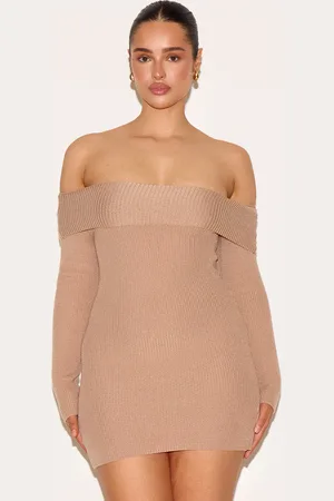 PRETTYLITTLETHING Shape Mocha Off Shoulder Fold Over Knitted Bodycon Dress
