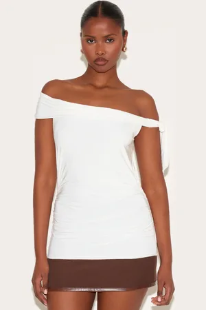 PRETTYLITTLETHING Cream Double Layer Slinky Tie Shoulder Bardot Long Top
