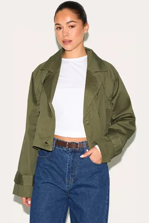 PRETTYLITTLETHING Khaki Cropped Storm Flap Detail Trench Coat