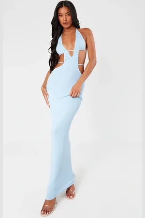 PRETTYLITTLETHING Textured Sheer Knit Ruched Cut Out Halterneck Dress