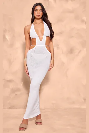 PRETTYLITTLETHING Textured Sheer Knit Ruched Cut Out Halterneck Dress