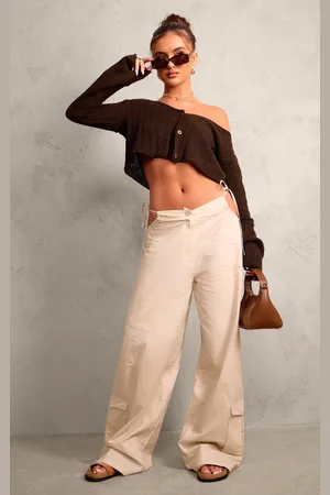 PRETTYLITTLETHING Stone Cotton Cut Out Tie Side Trousers